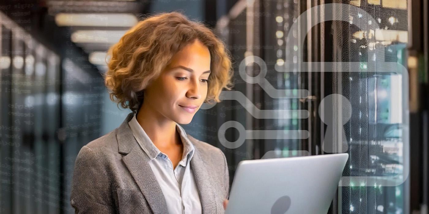 Women at a computer in a server room with a digital/tech overlay